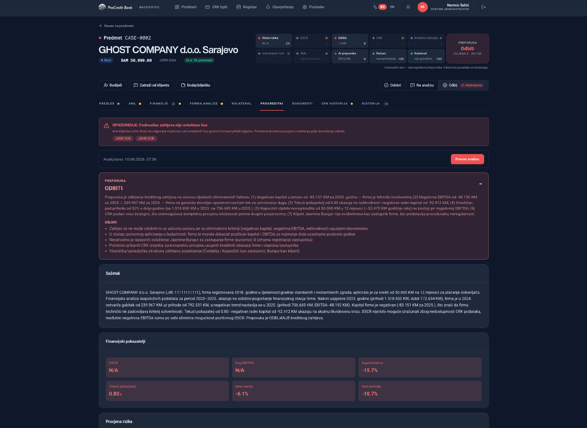 Vincu Decision backoffice — company credit file with AI reasoning, financial indicators and risk grade
