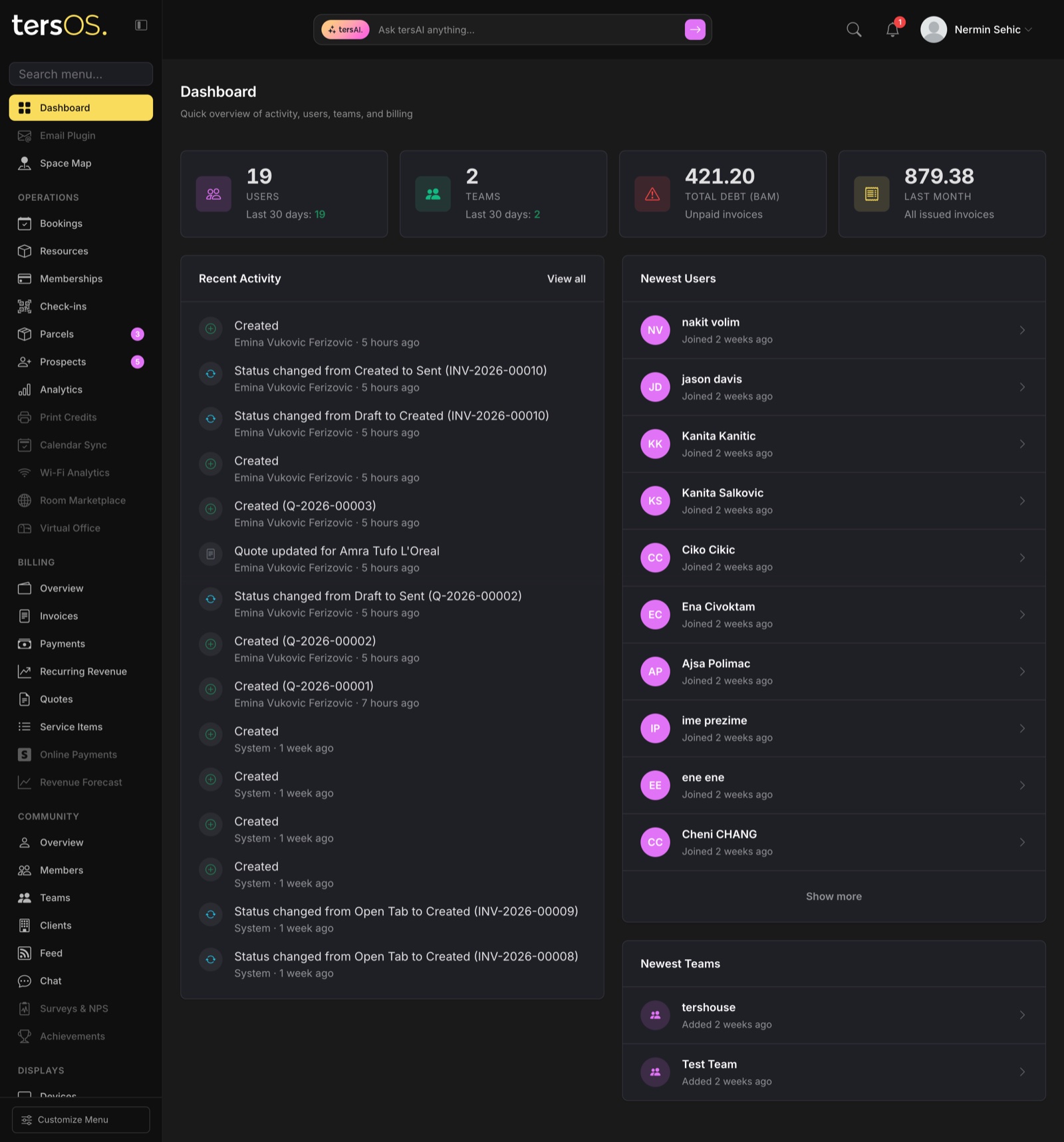 tersOS dashboard with recent activity, newest users, and total debt