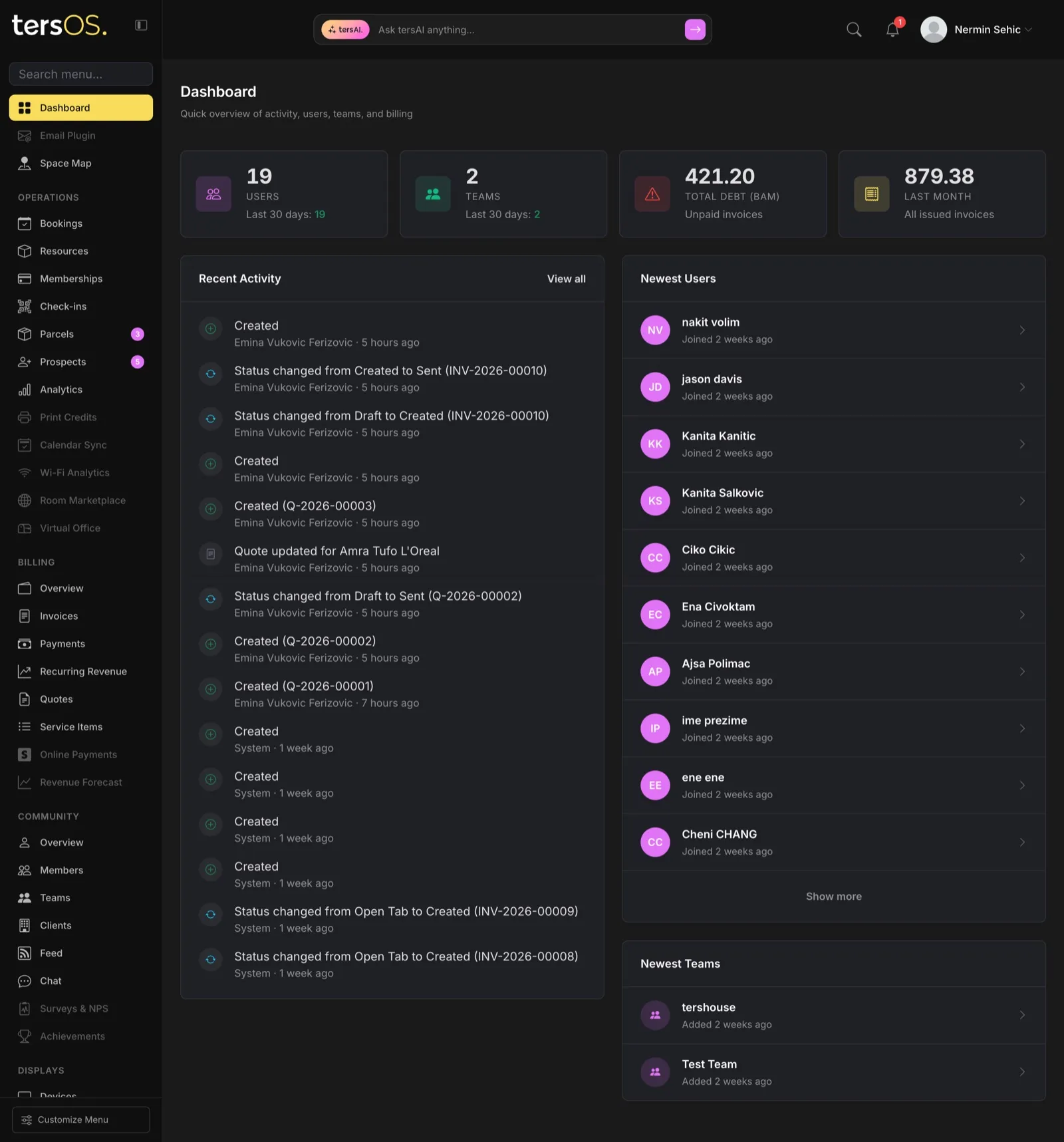 tersOS dashboard with recent activity, newest users, and total debt