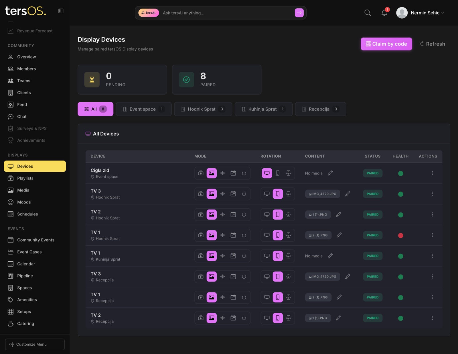 Display devices table showing paired TVs across rooms