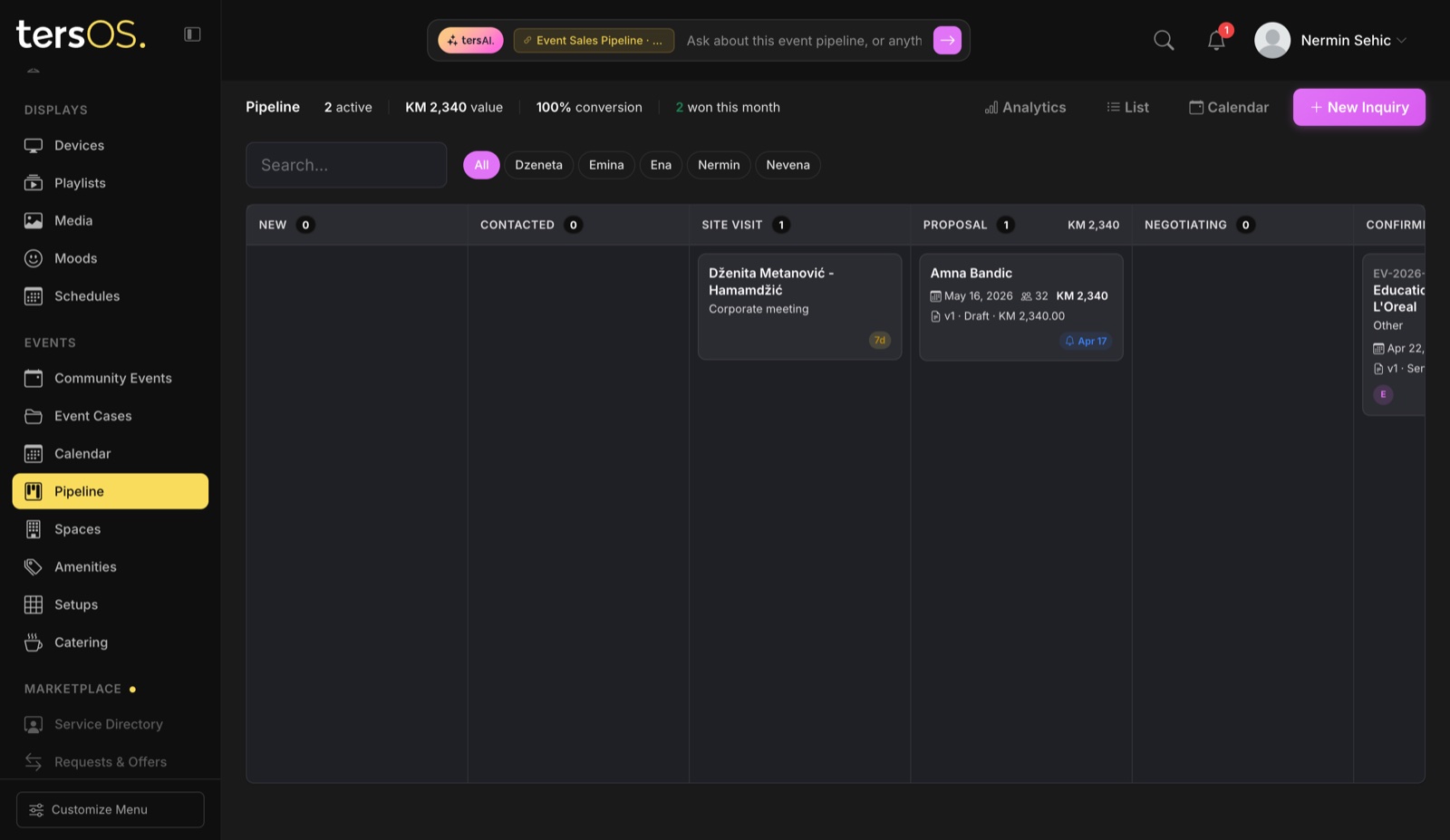 Event sales pipeline kanban board with stages